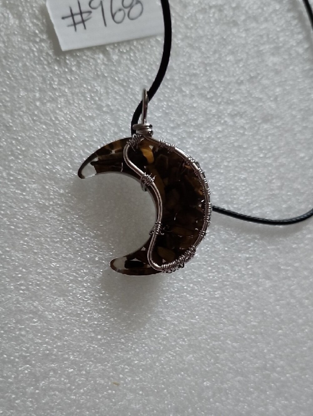 Hand Crafted Smoky Brown Crescent Moon Wire-Wrapped Pendant - Picture 3 of 7